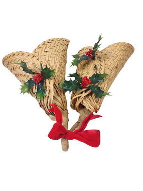 Handmade Christmas Woven Straw Double Bells Wall Door Decor Red Bow Holly
